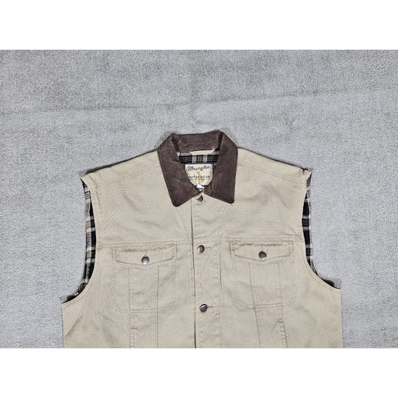 Wrangler Outdoor Wear Mens Western Canvas Vest 2XL Khaki Flannel Plaid Lining - Picture 6 of 13